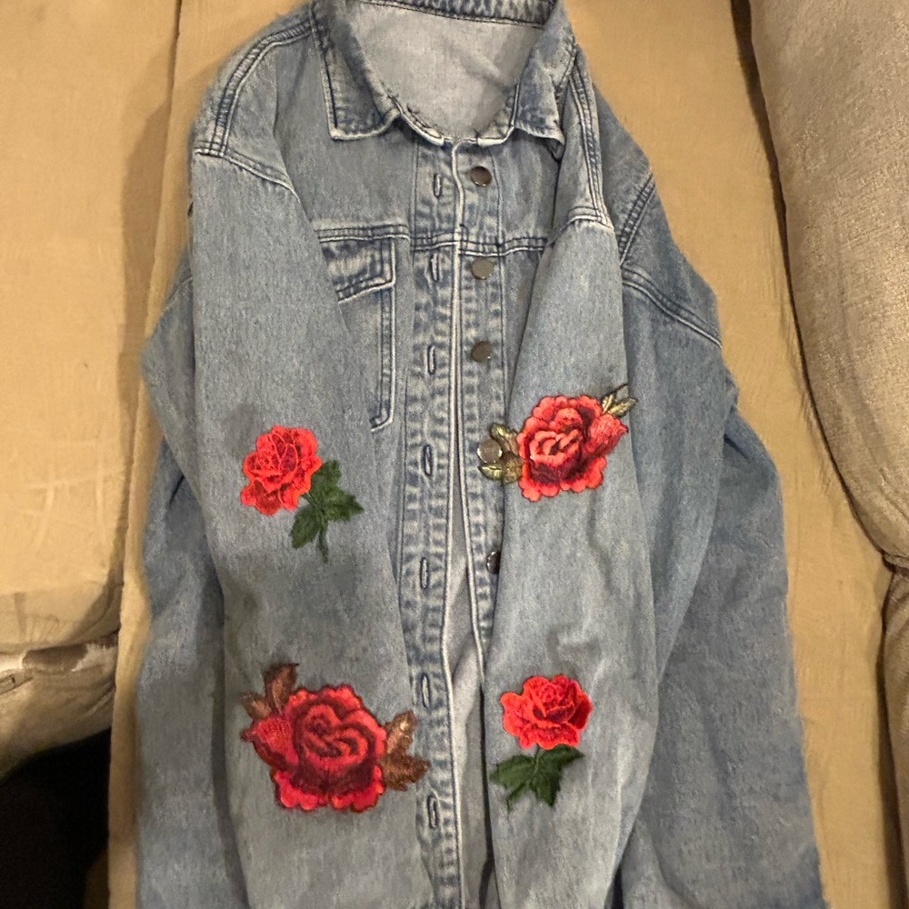 Embroidered Denim Blouse with Red Floral Accents